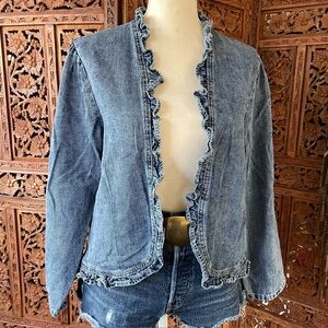 Vintage Unbranded Denim Jean Open-Front Jacket with Ruffle Hemline